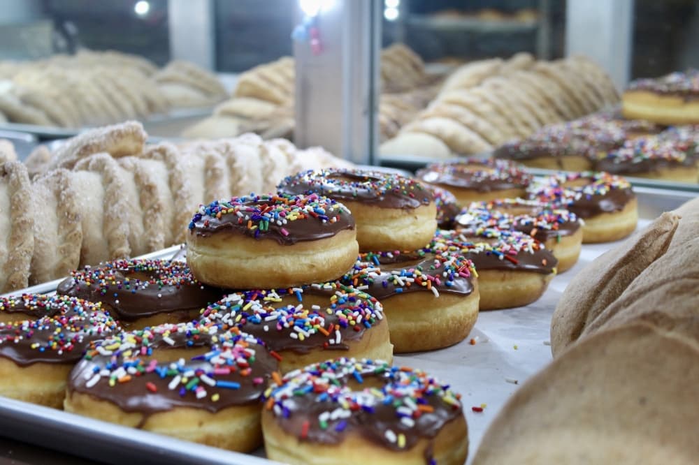 donuts in a display case