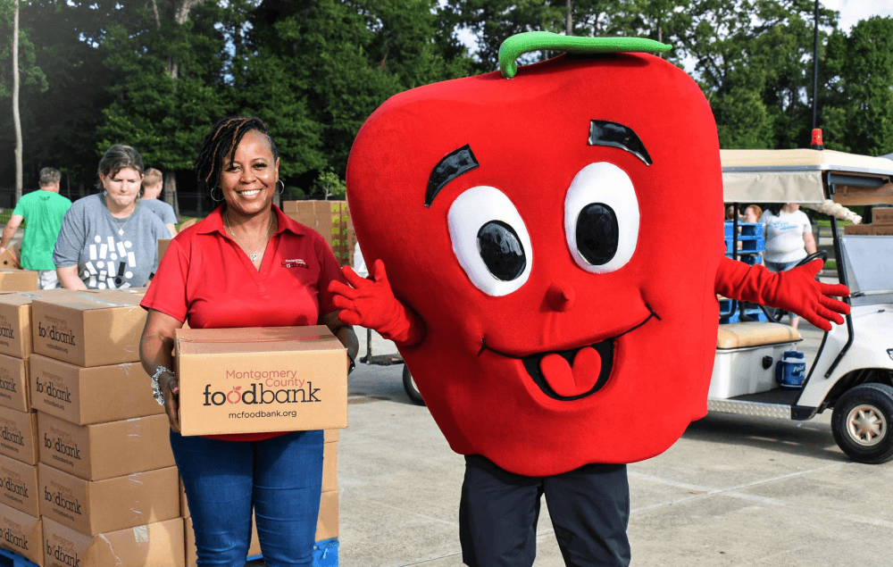 The food bank receives, packages, and purposefully distributes nutritious food to hungry children, seniors, and families through a network of 90+ partner agencies. (Montgomery County Food Bank)
