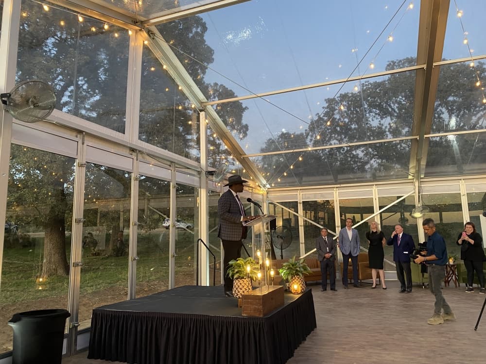 Denton Mayor Gerard Hudspeth spoke at the Nov. 13 event. (Mary Katherine Shapiro/Community Impact)