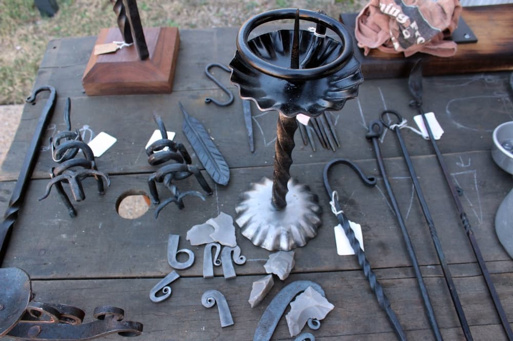 A variety of metal artwork pieces. 
