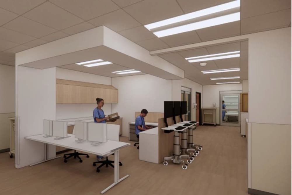 a rendering of an office space with desks