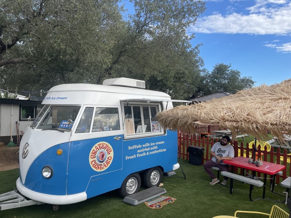 blue and white food truck