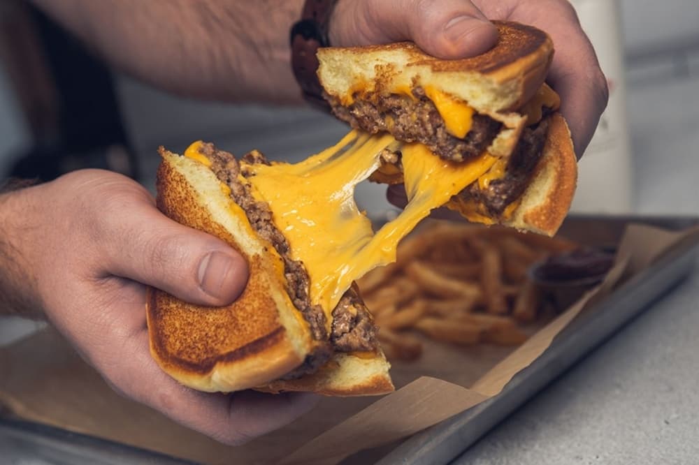 hands holding a cheeseburger