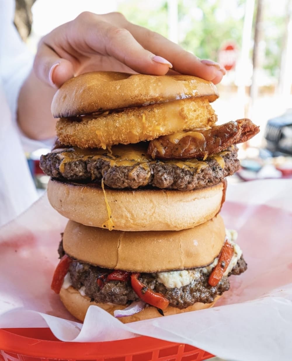 stacked up burgers
