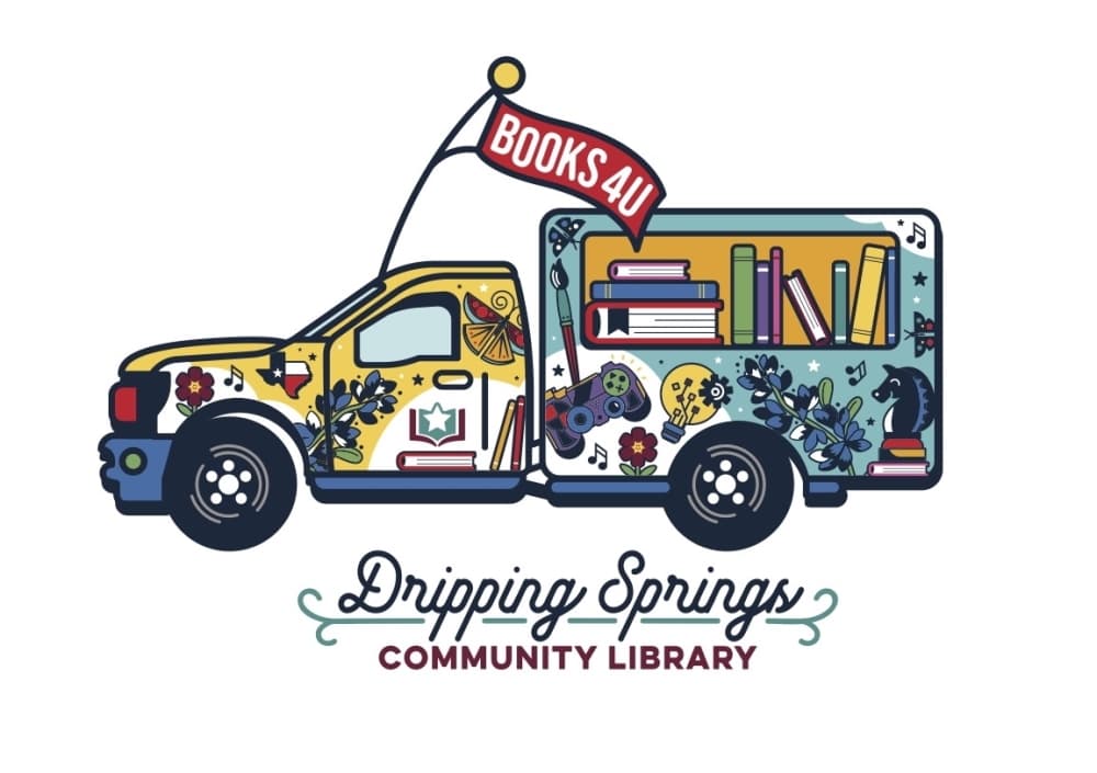 logo of a colorful truck with books