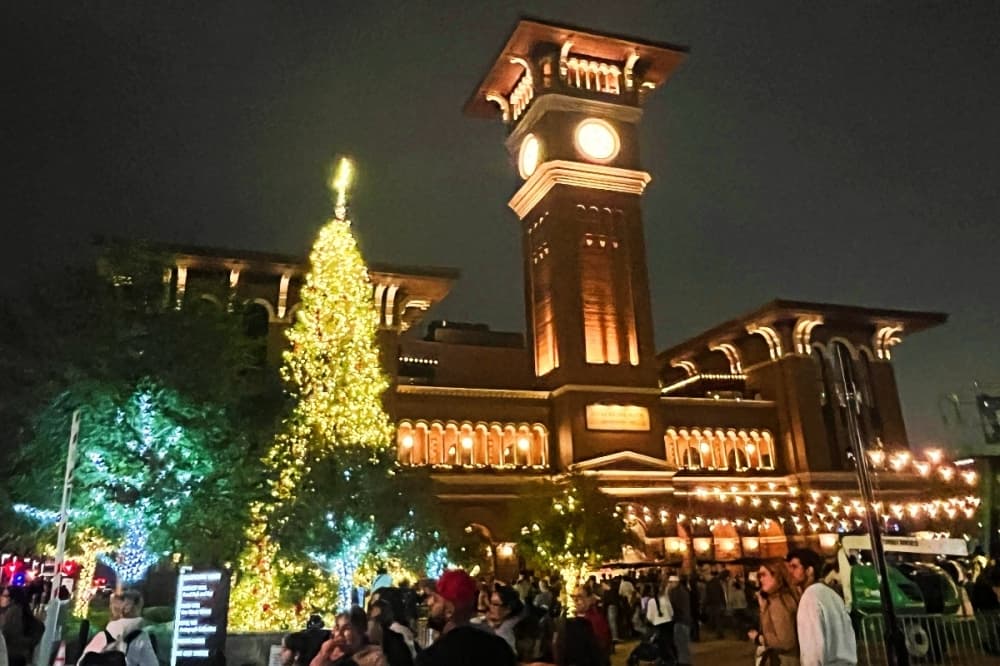 city buildings lit up with holiday lights