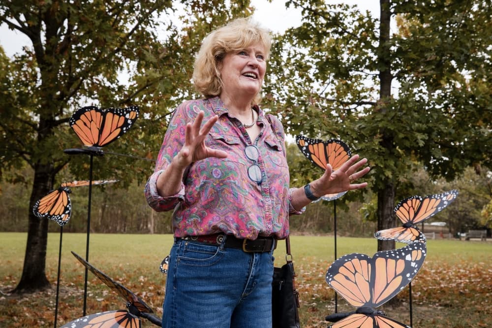 a woman stands among sculptures of butterflies