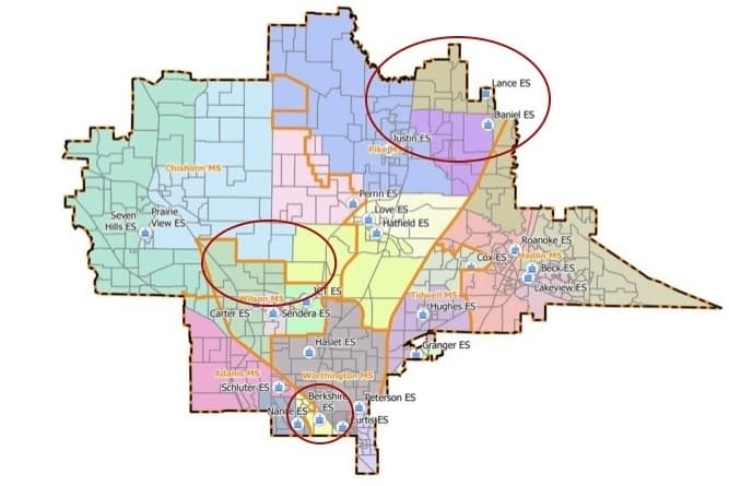 Boundary map with circled locations of potential boundary changes.