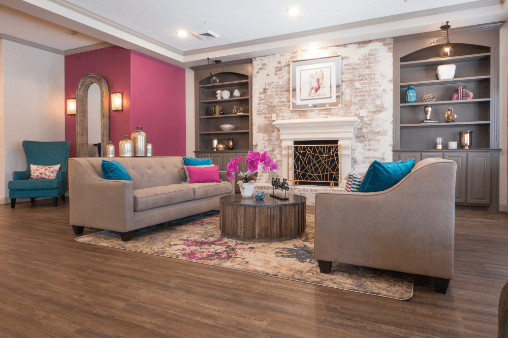 Bright and modern common area inside The Reserve at Richardson skilled nursing facility in Richardson