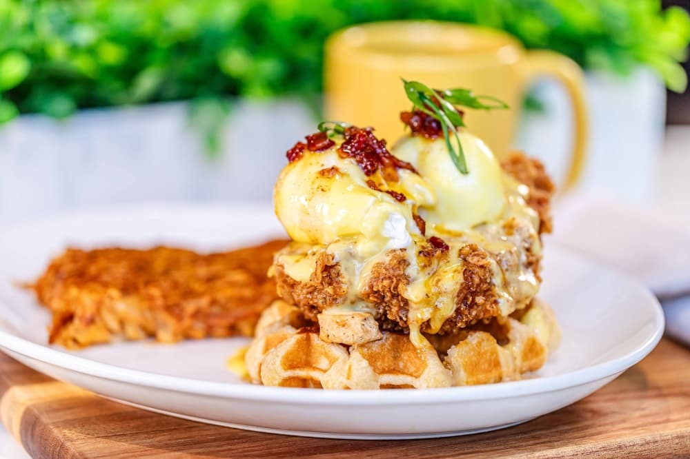 Chicken and waffle eggs benedict is one of several egg dishes served at Urban Egg. (Courtesy Urban Egg)