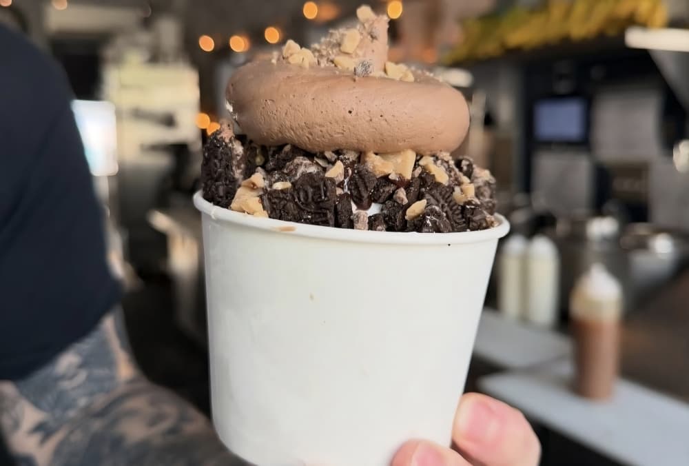 a cup of chocolate ice cream topped with cookie pieces