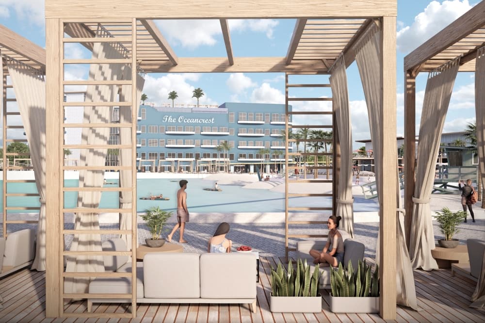 Rendering of a lounge area surrounding the surf lagoon. 