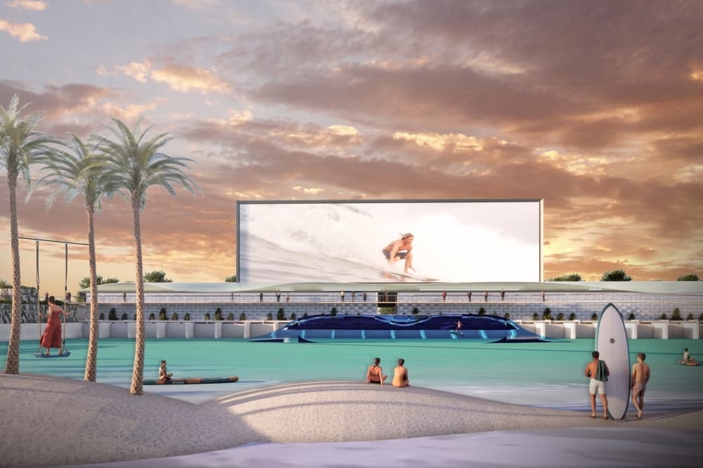 Rendering of surf lagoon and beach. 