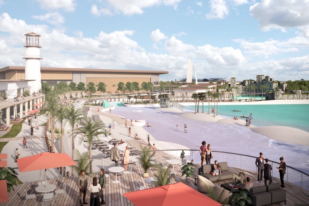 Rendering of surf lagoon and beach. 