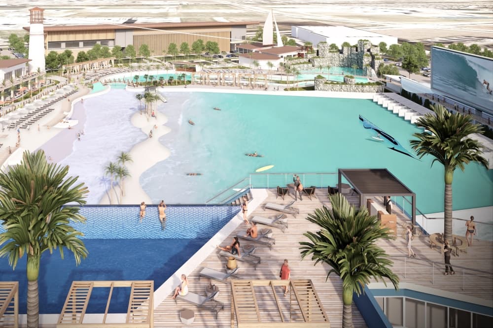 Overhead rendering of Cannon Beach surf lagoon and beach. 