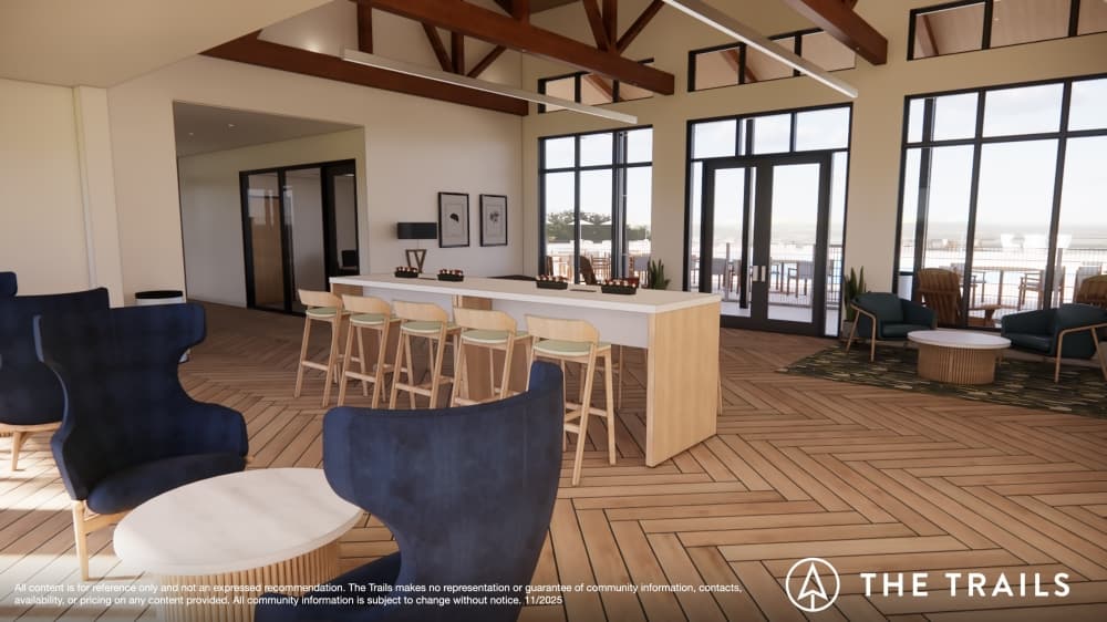 rendering of a lobby area with tables and chairs 