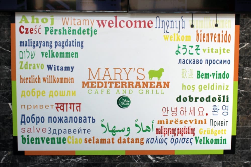 Sign featuring the word 'welcome' in a variety of languages. 
