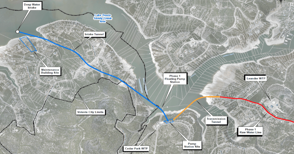 A map shows the Brushy Creek Regional Utility Authority's water intake system and related facilities. (Courtesy city of Leander)