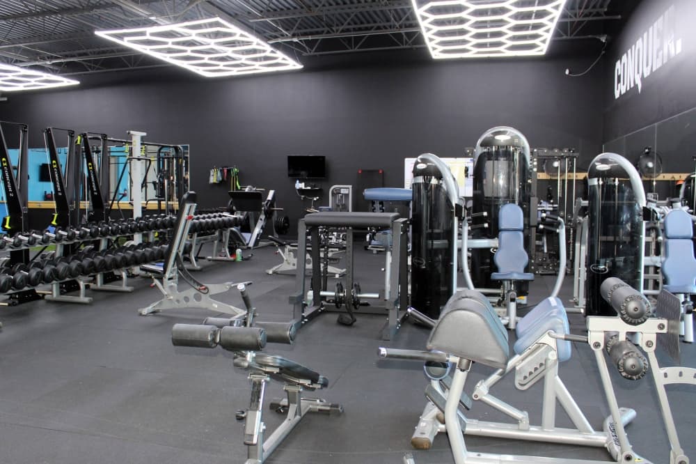 Exercise equipment in a gym. 