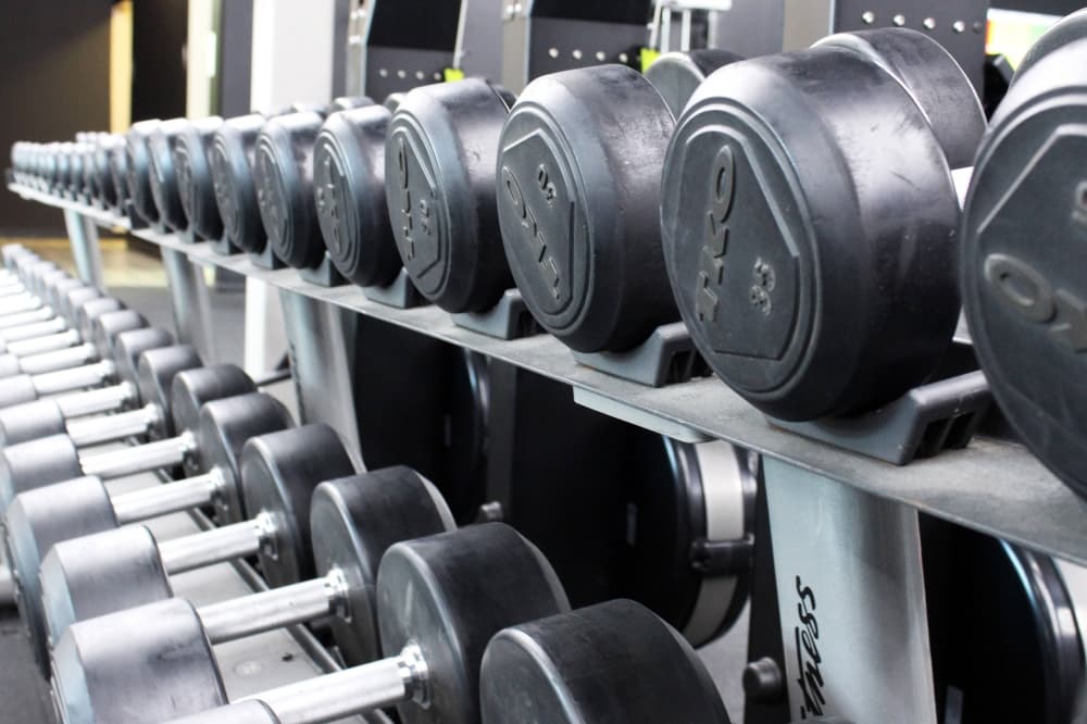 A variety of dumbbells on a weight rack. 