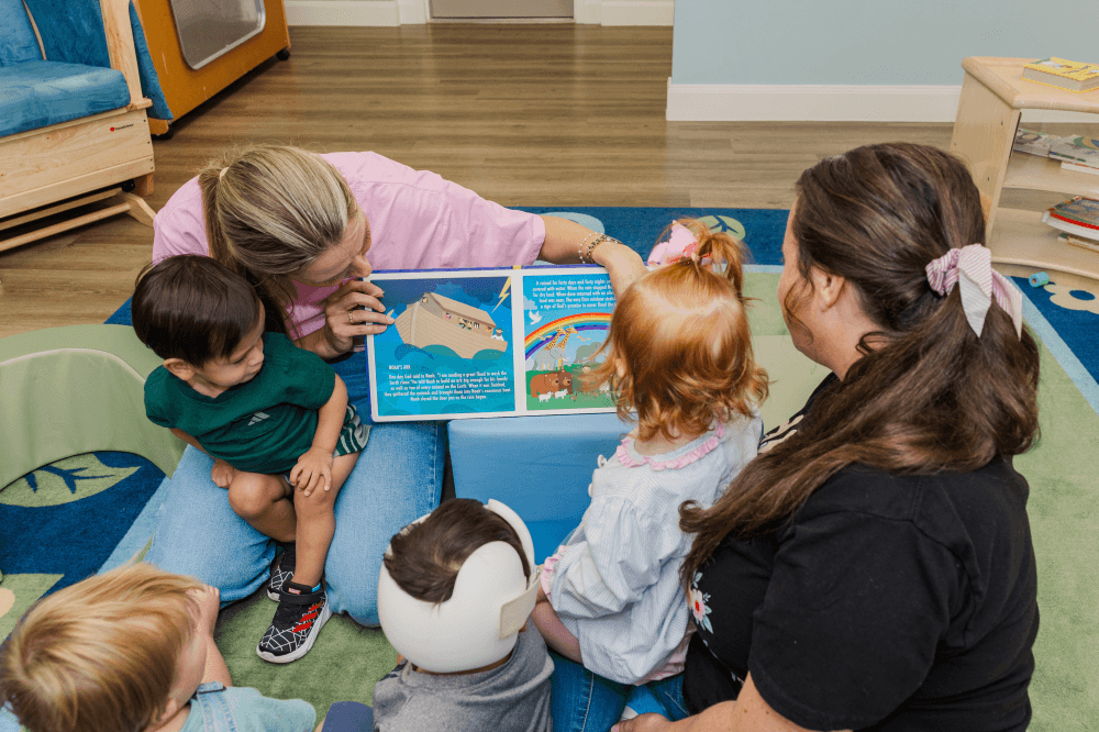 Teachers guiding toddlers in a nurturing Christian learning environment