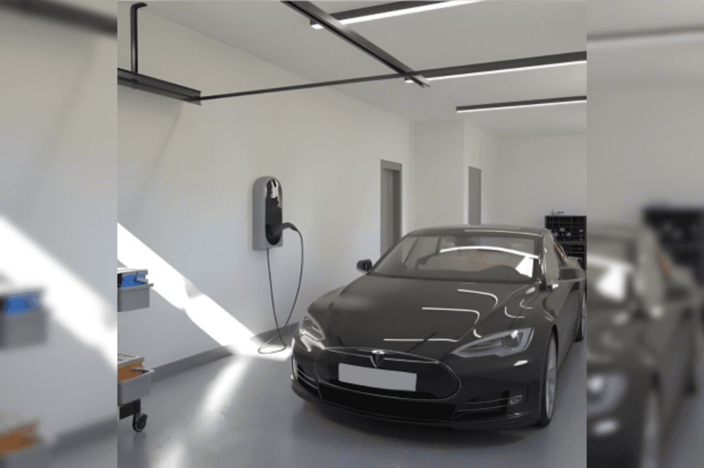 Garage with black car in it