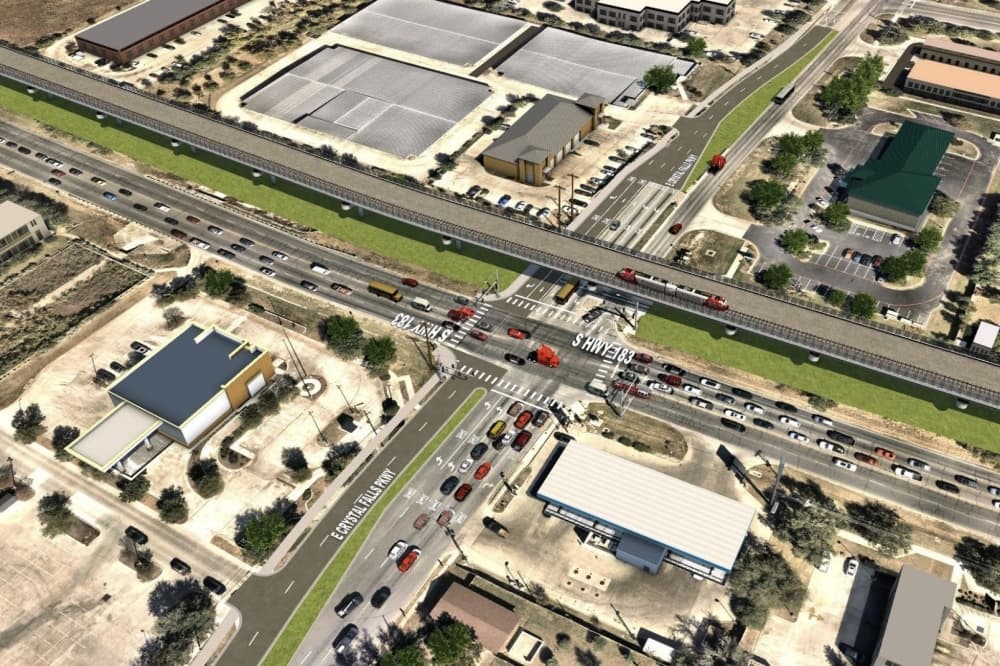 A rendering shows what the proposed rail grade separation over Crystal Falls Parkway at the intersection with US 183 could look like. (Courtesy city of Leander)