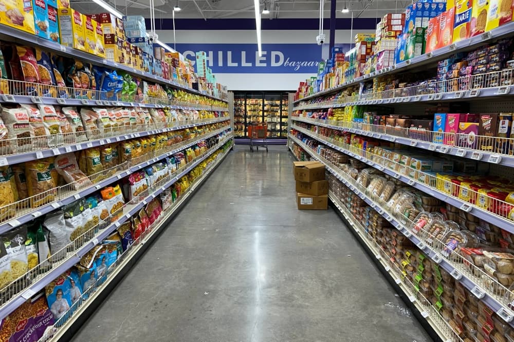 A dry goods aisle in a grocery store. 