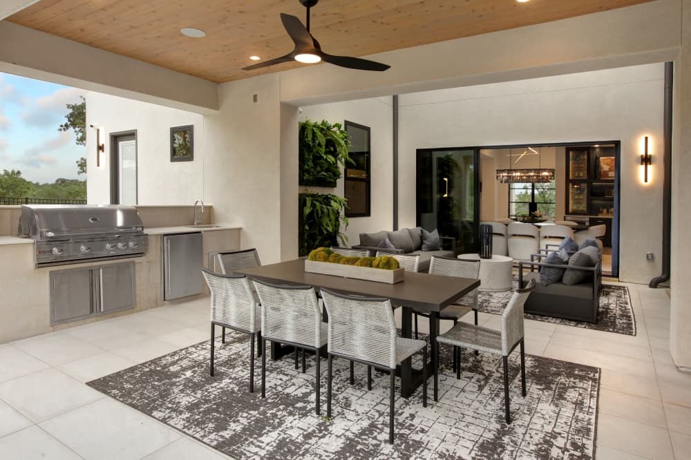 Aerial view of Caliterra community in Dripping Springs showing trails, open green space and luxury homes near Austin Texas