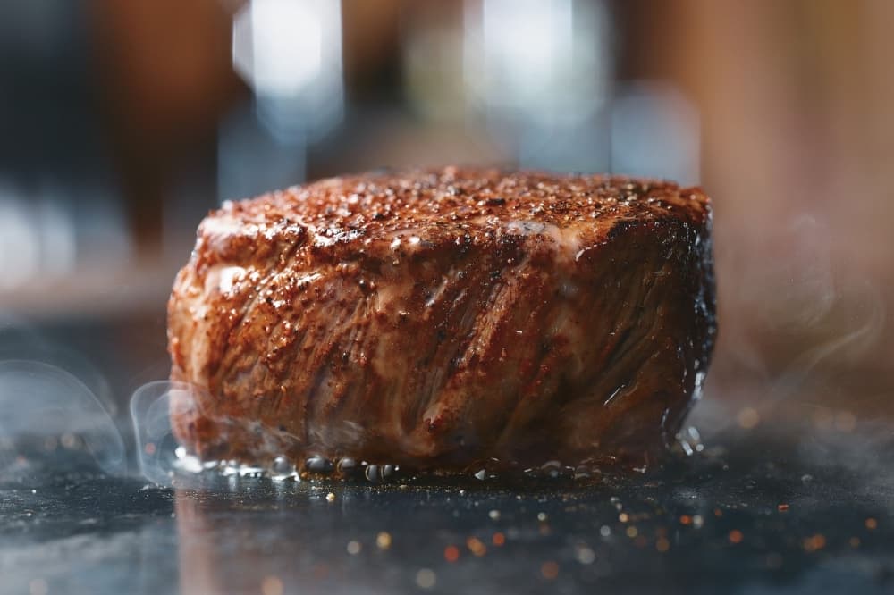 A thick steak filet is shown on the grill.