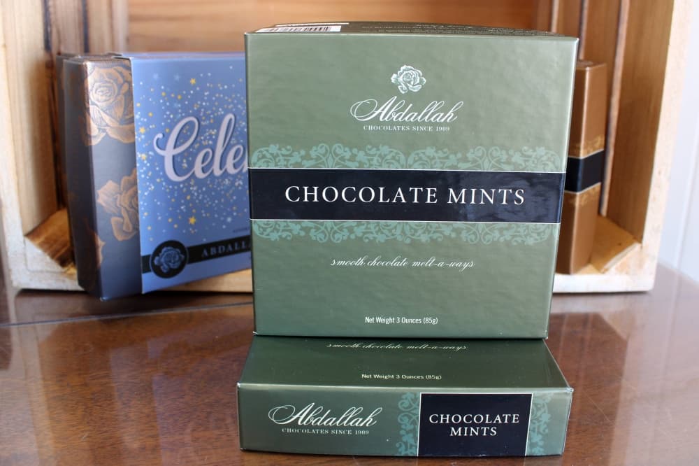 Box of chocolate mints on display in a store. 