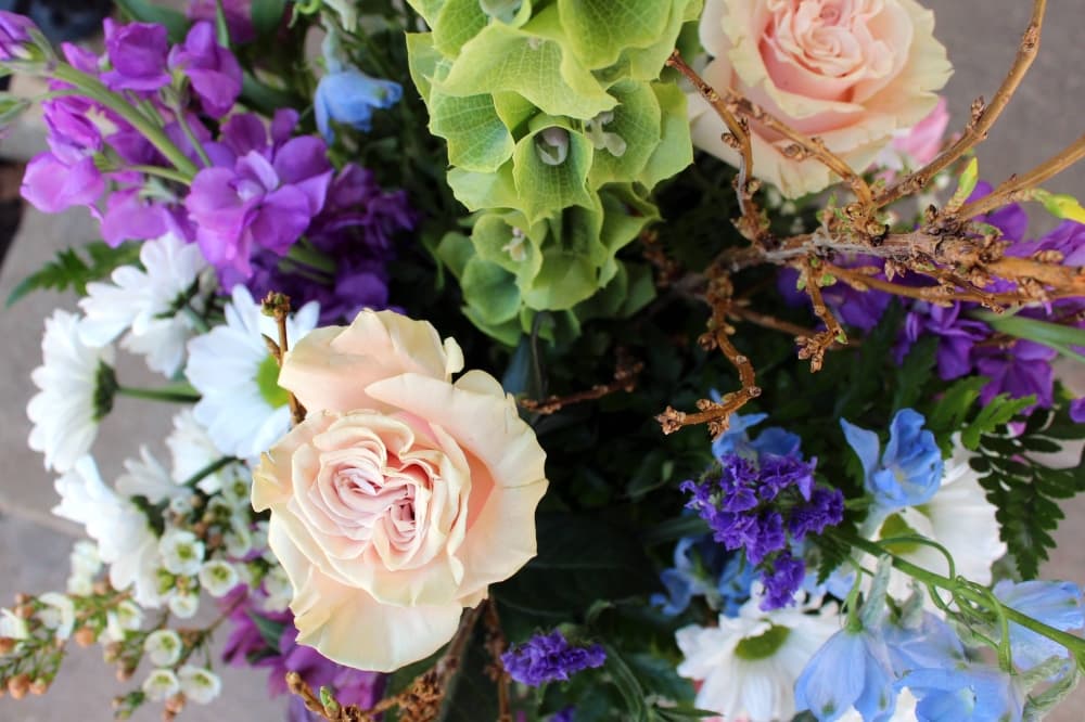 Close up of flowers in an arrangement. 