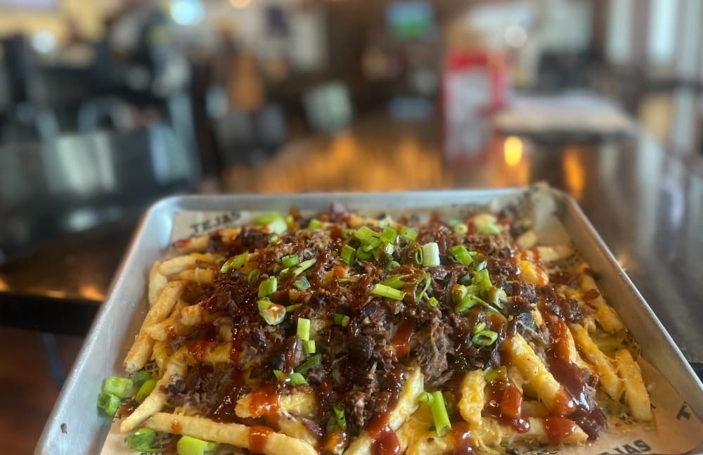 Loaded fries topped with melted cheese, meat and fresh green onions served on a metal tray.