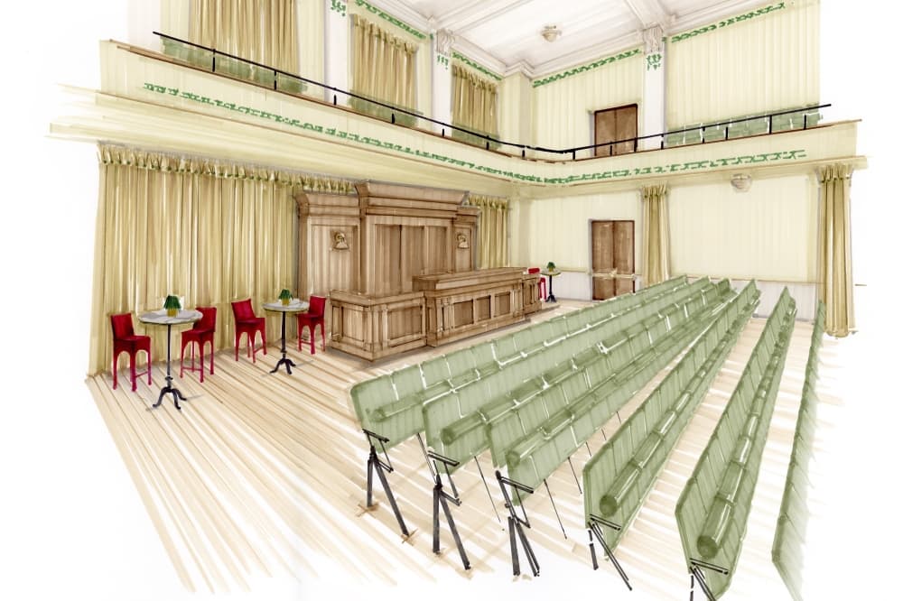 Rendering of the McKinney Performing Arts Center’s Courtroom Theater with judge’s bench.