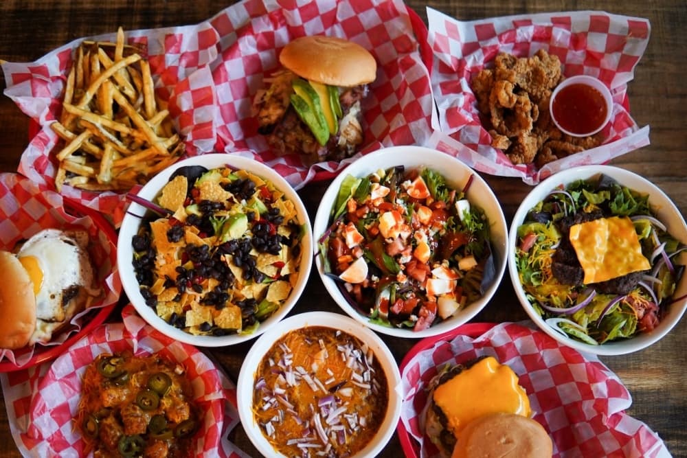 A spread of burgers and fries