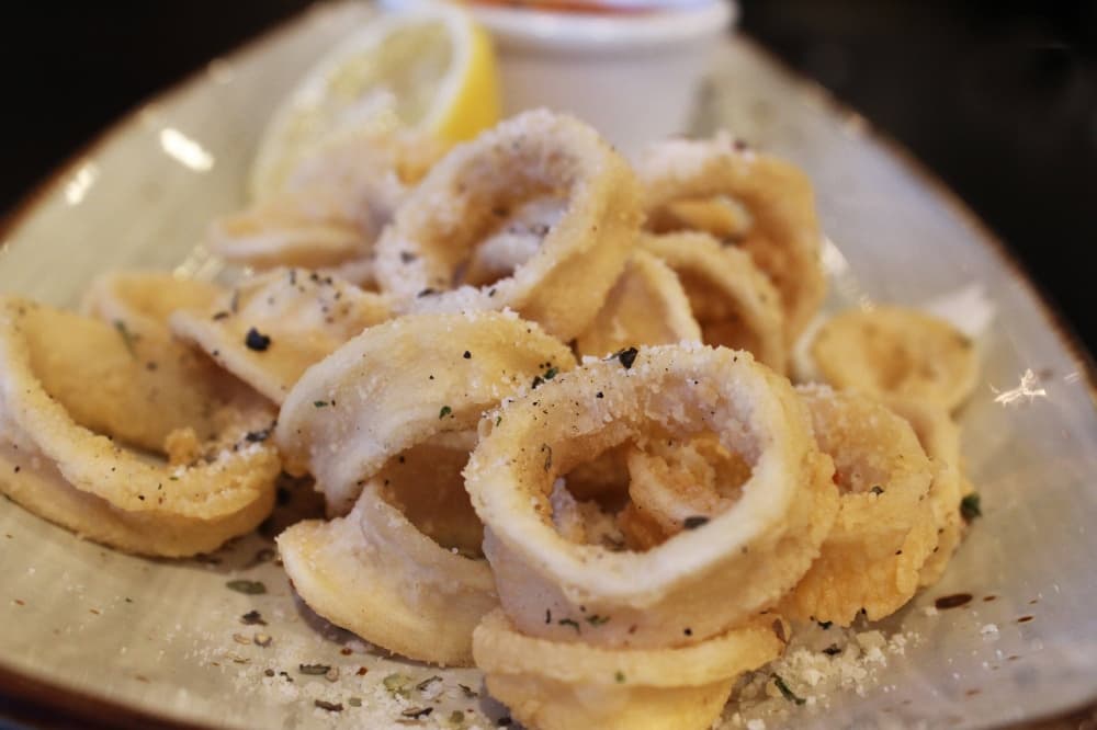 Side view of a plate of fried calamari. 