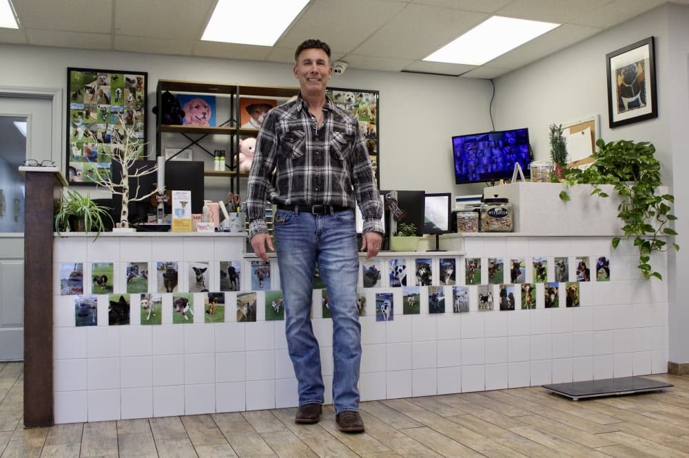 Owner Jim Jones stands at the front desk at the Dogs Day Inn Pet Resort's Kingwood location. (Jovanna Aguilar/Community Impact) 