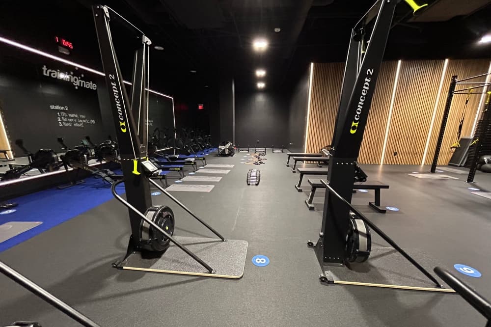 Workout equipment set up for circuit training. 