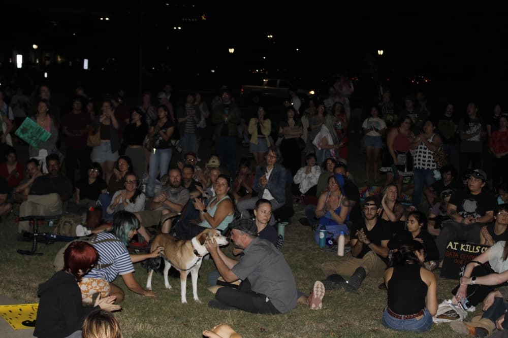 A group of San Marcos residents gather on a green lawn at night during a council meeting.
