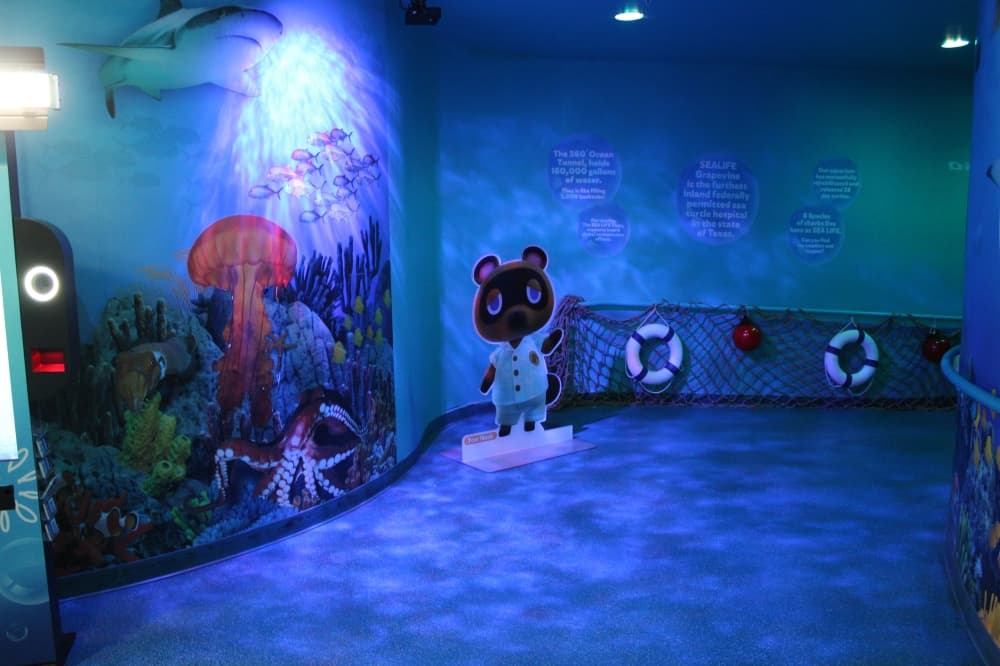 Tom Nook is the first Animal Crossing cardboard cut-out to greet visitors at SeaLife Grapevine. (Patricia Ortiz/Community Impact)