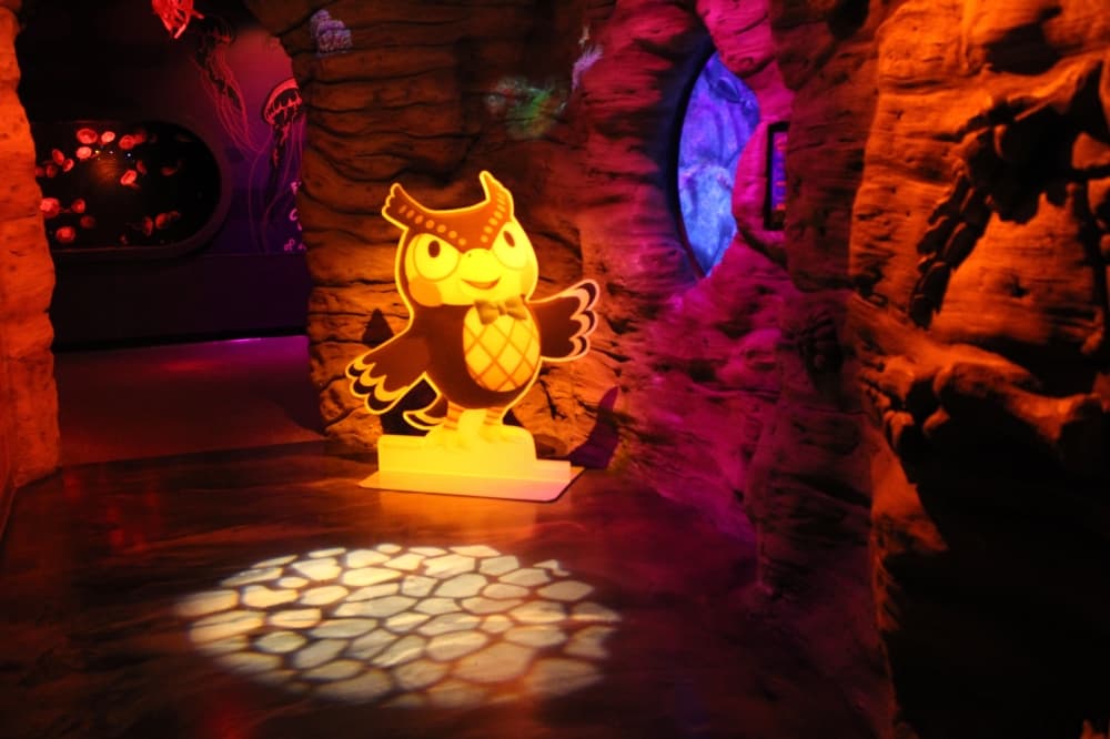 Blathers, the museum owl in Animal Crossing, is displayed for guests at SeaLife Grapevine. (Patricia Ortiz/Community Impact)