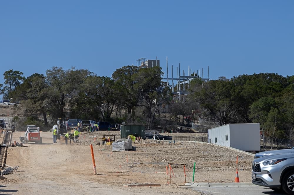 Steel structures are going up as construction for Phase 2 of Mission Hill Park continues. (Ethan Thomas/Community Impact)