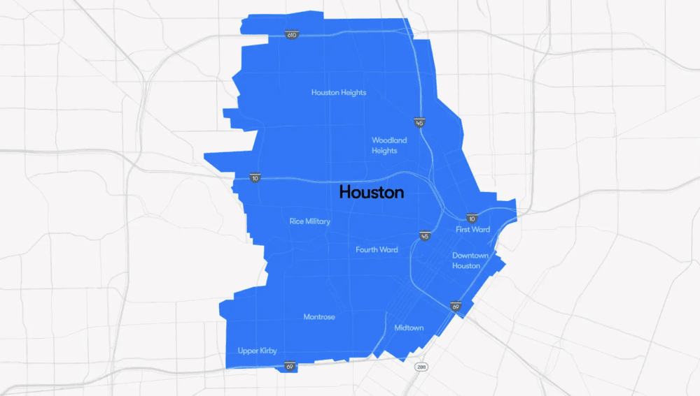 Its service area in the city includes The Heights, downtown Houston and Montrose. (Screenshot courtesy Waymo)