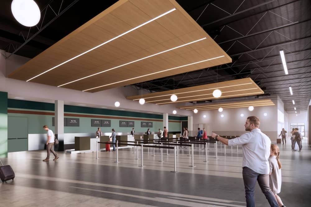 Rendering of ticketing and check-in area. 