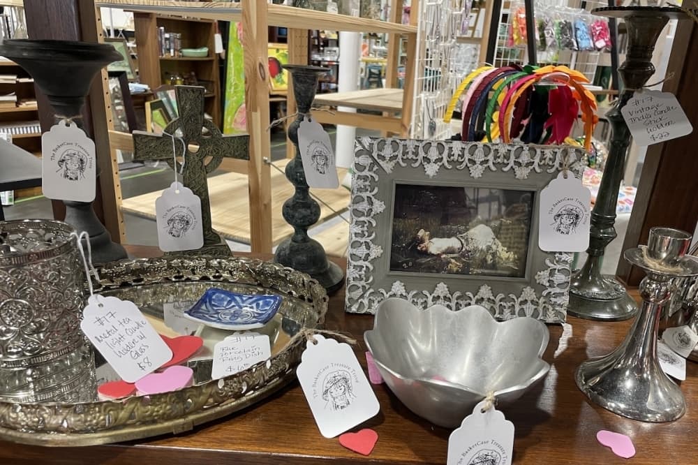 One of the Staging Post's handmade vendors features wooden bots adorned with gears, tools and other mechanical pieces. (Courtesy Staging Post)