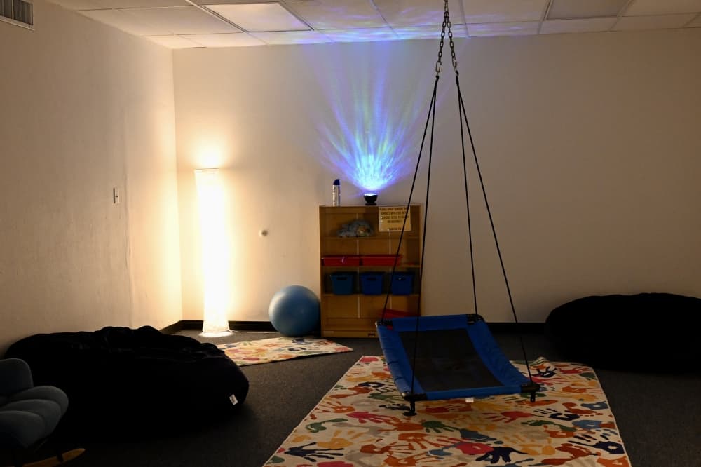The school offers a sensory room with low-lighting, a swing and bean bags. (Roo Moody/Community Impact)