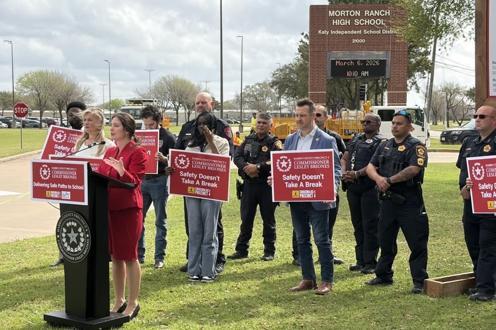 Harris County Precinct 4 Commissioner Lesley Briones announces Round 2 of Crosswalks 4 Precinct 4 at March 6 news conference in front of Morton Ranch High School. (Brad Dountz/Community Impact)