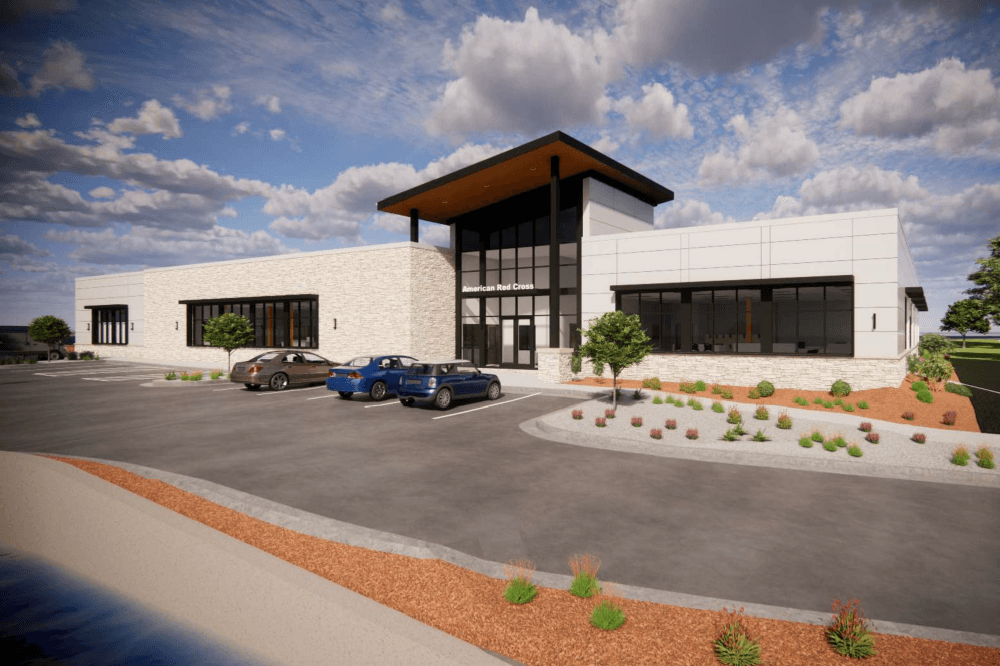 Exterior rendering of the new American Red Cross blood donation center under construction in East Austin, designed to expand donation capacity and serve the local community