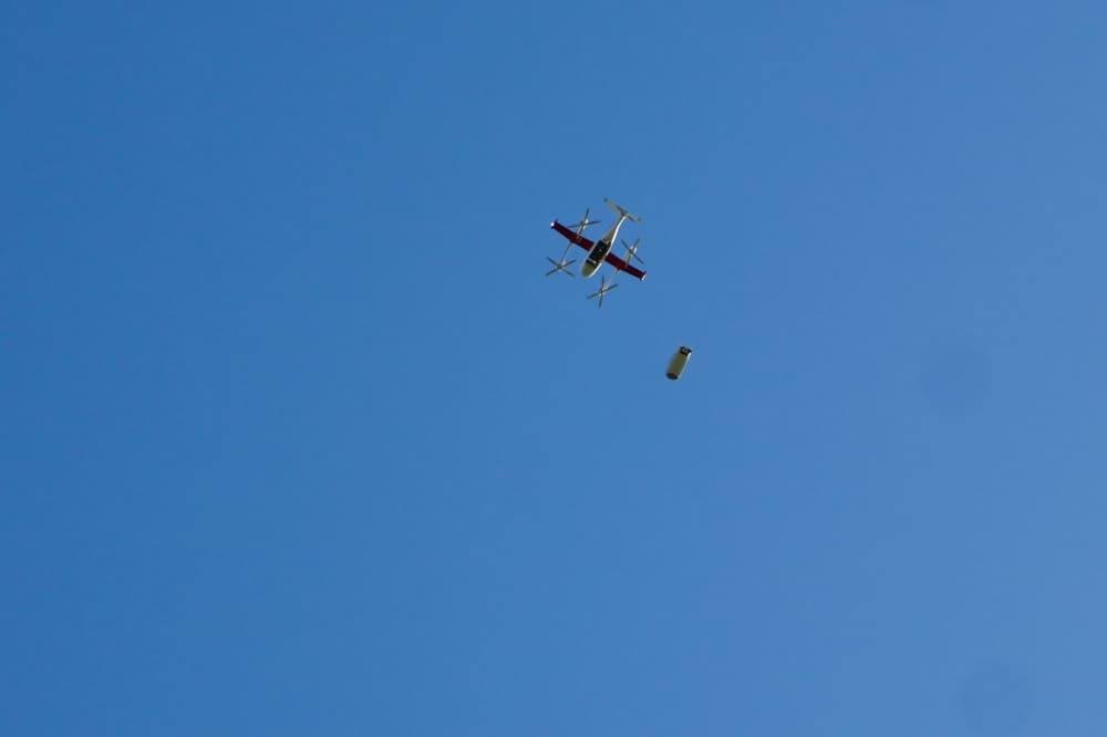 A Zipline drone made its first delivery from the Rayzor Ranch Walmart in Denton on March 23. (Adam Doe/Community Impact)