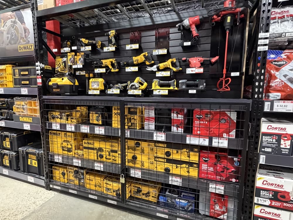A rack of tools for sale inside Floor & Decor in Grapevine.